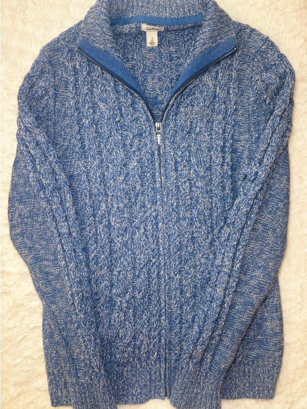 L.L. Bean Marled Blue Cable Zip Cardigan